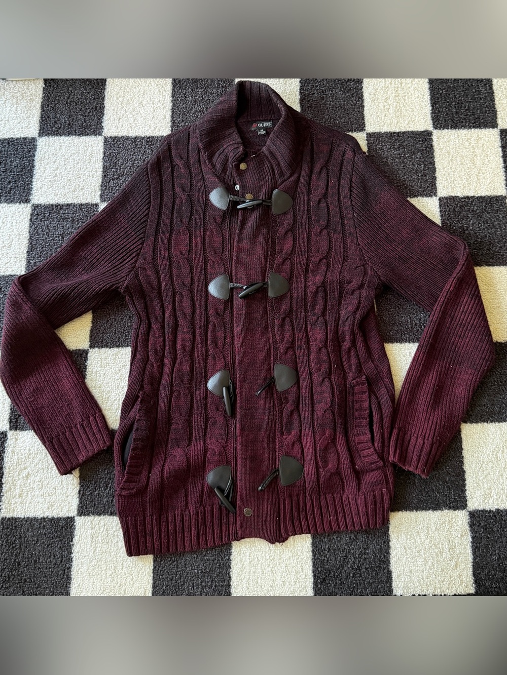 GUESS Burgundy Cable Knit Toggle Sweater